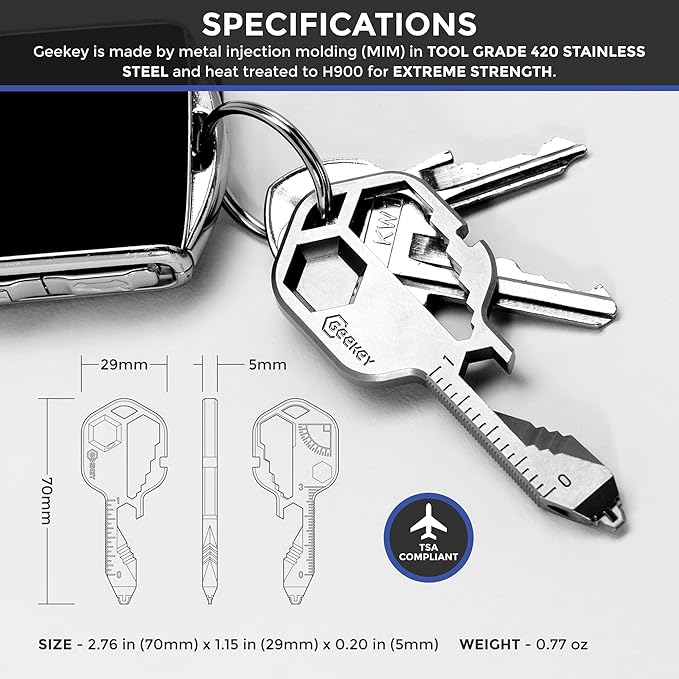Geekey Multi-tool | Original Key Shaped Pocket Tool | Stainless Steel Keychain Utility Gadget | 16+ Tools |