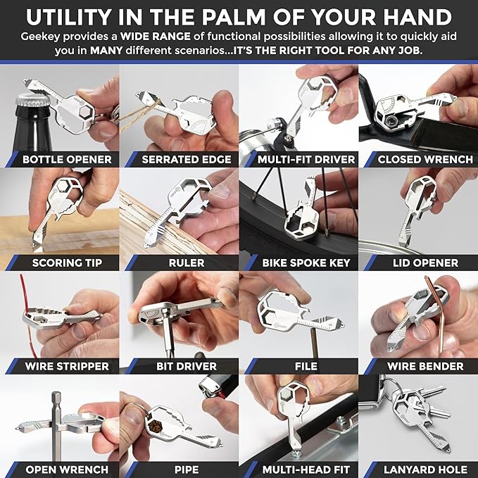 Geekey Multi-tool | Original Key Shaped Pocket Tool | Stainless Steel Keychain Utility Gadget | 16+ Tools |