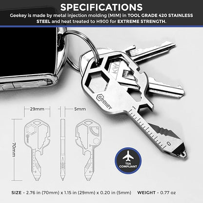 Geekey Multi-tool | Original Key Shaped Pocket Tool | Stainless Steel Keychain Utility Gadget | 16+ Tools |